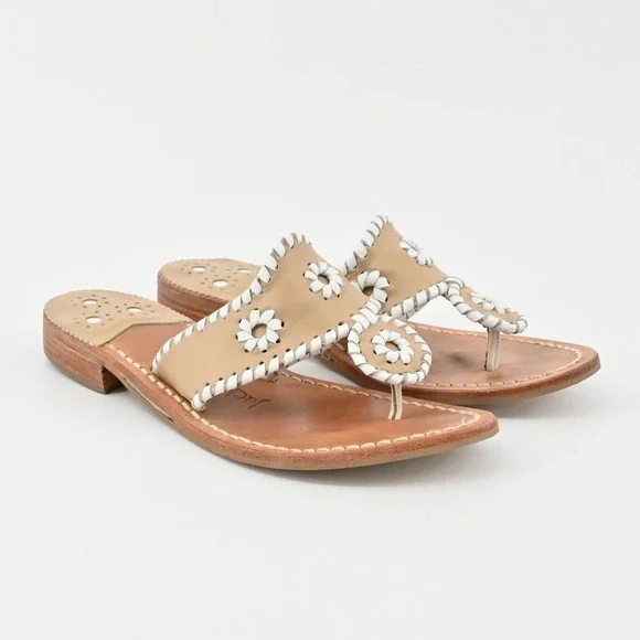 Jack Rogers Georgica Thong Sandals Womens Size 6 Tan White Leather Whipstitch - Picture 1 of 8